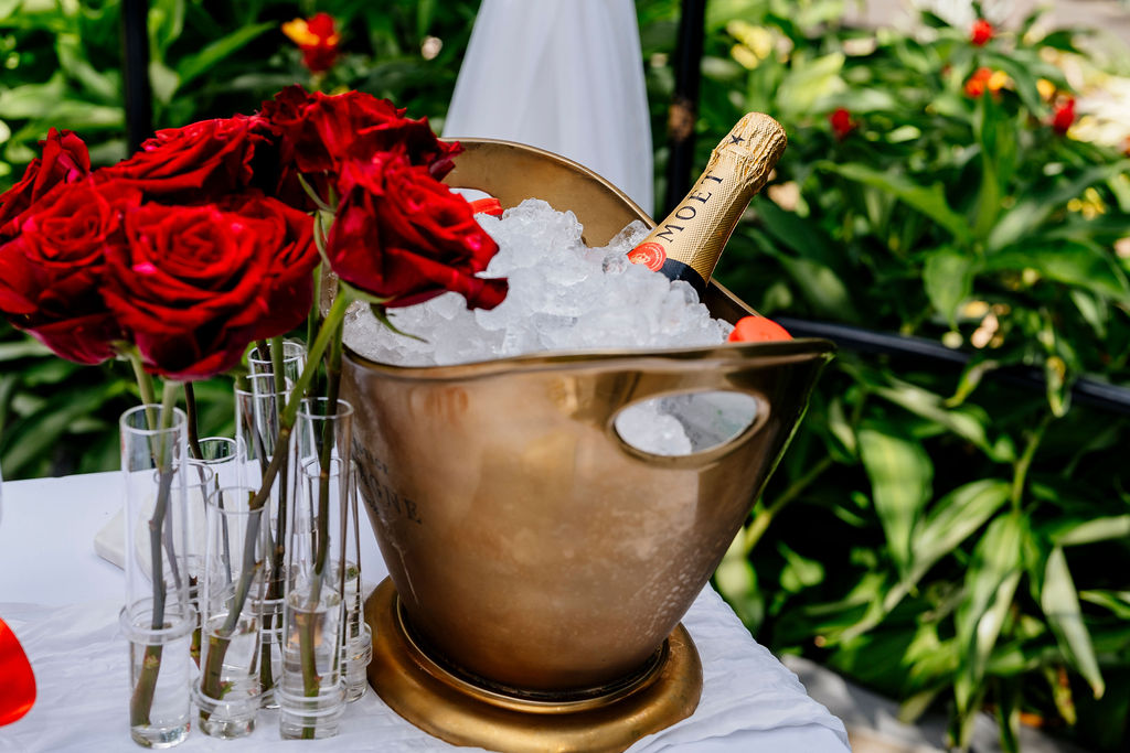 proposal champagne on ice with red roses in a beautiful gold champagne cooler