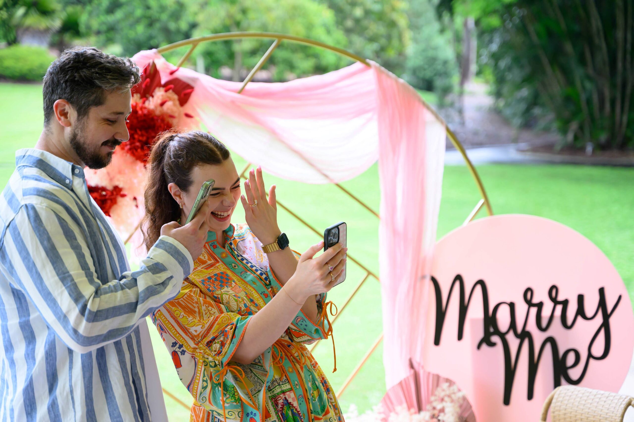 With Love Proposals styled this luxury proposal planner Brisbane styled this romantic marriage proposal setting, the newly engaged couple sharing news of their engagement via facetime showing the ring