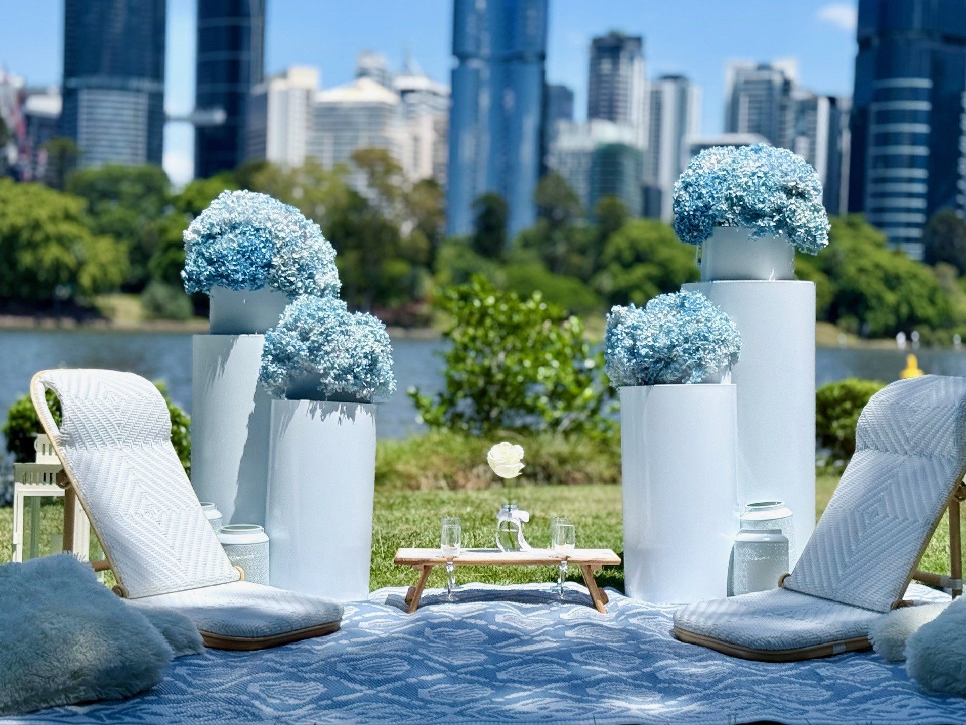 blue flowers proposal picnic Brisbane riverside